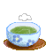 A static contact sheet of three identical pixel art frames showing a teacup with green liquid on a saucer, each frame displaying the same image without visible animation changes.