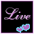 Two side-by-side animated frames of a pixel art buddy icon featuring stylized text and heart symbols with color variations between frames.