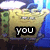 Animated sequence of a yellow cartoon character with green pants, blue background, and changing text overlays.