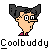 Pixel art icon of a cartoon character with dark spiky hair, glasses, and pink shoes against gray background, with "Coolbuddy" text below.
