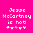 Pixelated text on bright pink background reads 'Jesse McCartney is hot!' with five heart symbols below, two white hearts and one light pink heart in the center.