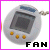 Pixelated icon of a gray Tamagotchi device with dark screen, three orange buttons, and a pink border, with "FAN" text below.