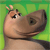 Pixelated cartoon animal head with brown and tan coloring, small black eyes, and a green background.
