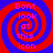 Four identical spiral patterns with red and blue concentric rings and pink text reading 'Don't look at this icon' on a solid red background.