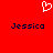 Red background with white pixelated heart symbol above two instances of the name "Jessica" in dark blue text.