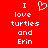 Red background with white pixelated text reading "I love turtles and Erin" on both sides of a heart symbol.