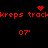 Red pixelated text and symbols on black background with animated heart and starburst elements.