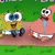 Two cartoon characters stand side-by-side on a brown path with green grass background; one is yellow with blue eyes and dark pants, the other pink with large white eyes and a red mouth.