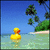 Pixelated beach scene with yellow rubber duck in shallow water, green hillside, and blue sky; text "A Little Lost" appears over the right side.