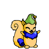 A cartoon squirrel with a green hat and blue scarf in multiple poses against a gray background.