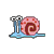 Pixelated cartoon snail with pink shell and blue body on white background.
