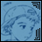 A 48x48 pixel buddy icon split into two sections: a blue-tinted anime-style character face on the left and black background with white text on the right.
