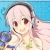 Pixelated anime-style character with pale skin, short white hair, and red eyes holding a blue flower against a light blue background.