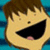 Pixelated cartoon face with brown hair, wide black mouth, small dot eyes, and pink tongue against blue background.