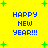 Yellow background with blue pixelated text reading HAPPY NEW YEAR!!! and green plus signs scattered throughout.