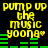 Yellow pixelated text "pump up the music yoong" with green audio bars on black background, repeated in four quadrants.