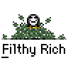 Animated pixel art contact sheet showing six frames of a character partially hidden by foliage with changing facial expressions and leaf positions, each labeled "Filthy Rich" below.