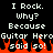 Pixelated text on black background with red flame graphics at bottom, repeating 'I Rock. Why? Because Guitar Hero said so!' in two