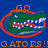 Pixelated green alligator head with open mouth showing white teeth and red interior, orange outline on blue background, 'GO' above and 'GATORS!' below in orange text.
