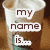 A four- of coffee cup images with overlaid text, each showing a different portion of the phrase 'my name is... Angela and I am... a coffe addicted'
