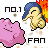 Pixelated character with blue hair and yellow body stands beside pink blob-like figure, both labeled 'NO.1' and 'FAN', with orange text in second frame.