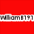 Red background with white horizontal stripe containing black pixelated text reading 'WilliamB797' in a digital font.