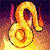 Static pixelated icon depicting a golden Leo zodiac symbol with fiery accents against a dark purple background.