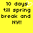 Yellow background with black pixelated text reading '10 days till spring break and NY!!' and a white pixelated heart symbol replacing the 's' in 'days' on the left side.