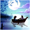 Two figures sit in a small boat on calm water under a large moon, with a tree branch visible on the left and purple clouds in the sky.