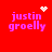 Red background with four identical pink text blocks reading 'justin groelly' and three distinct pixelated animations: a heart, a starburst, and a dotted circle above the text.