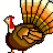 Pixel art turkey with fanned tail, roasted turkey on green garnish, and orange text reading 'happy thanks-giving' in four lines.