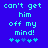 Pixelated cyan text on blue background reads 'can't get him off my mind!' with four heart symbols below, two versions differ in heart symbol arrangement.