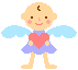 Pixelated angel figure with light blue wings, purple dress, and red heart held at chest; two expressions show open eyes then closed eyes.