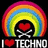Pixelated rainbow arch over a skull with heart eyes and crossed bones, below which reads 'I ❤️ TECHNO' in blocky text.