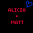 Pixelated red text 'ALICIA' above red plus sign above red text 'MATT' on black background with blue heart symbol above 'ALICIA'.