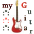 Red electric guitar icon with white pickguard and brown neck, surrounded by scattered letters spelling 'my Guitar' in multiple colors on a white background.