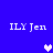 Blue background with four instances of 'ILY Jen' text and three pixelated hearts in white and light purple.
