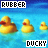Yellow rubber ducks float on blue water with alternating text labels 'NIEBER' and 'DUCKY' in white pixelated font.
