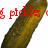 A single pickle in a with red text overlays and partial gray background elements