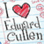 A digital illustration with a light blue lined background featuring repeated pink swirls, displaying "I ❤️ Edward Cullen" in handwritten-style text.