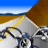 Pixelated image of a motorcycle on a road with yellow center line, brown hillside, blue sky, and distant horizon.