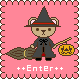 Pixel art bear in witch costume holding broom and pumpkin, pink background with stitched border, text reads ++Enter++