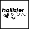 Black text 'hollister is love' on white background with two pixelated heart symbols below the text.