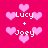 Pixelated pink background with repeated heart shapes and text reading "Lucy + Joey" in white pixel font.