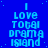 Blue background with light blue pixelated text repeating "I LOVE TOTAL DRAMA ISLAND" in a pattern, no visible animation changes