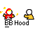 Pixel art animation of a character in red and yellow clothing with green headwear, holding black wings while standing next to a smaller figure against gray background.