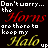 A 3x2 contact sheet of six animated frames showing repeated text with color-changing 'Horns' and 'Halo' elements on a black background.