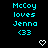 Cyan text 'McCoy loves Jenna <33' on black background with white heart and chevron symbols, static display.