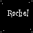 Black background with white pixelated text 'Rachel' repeated in a pattern, scattered white dots resembling stars, and a solid gray rectangle in the bottom-right corner