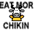 Pixelated icon shows a cow with black-and-white face, gray ears, and yellow body wearing purple earrings above 'EAT MOR CHIKIN' text.